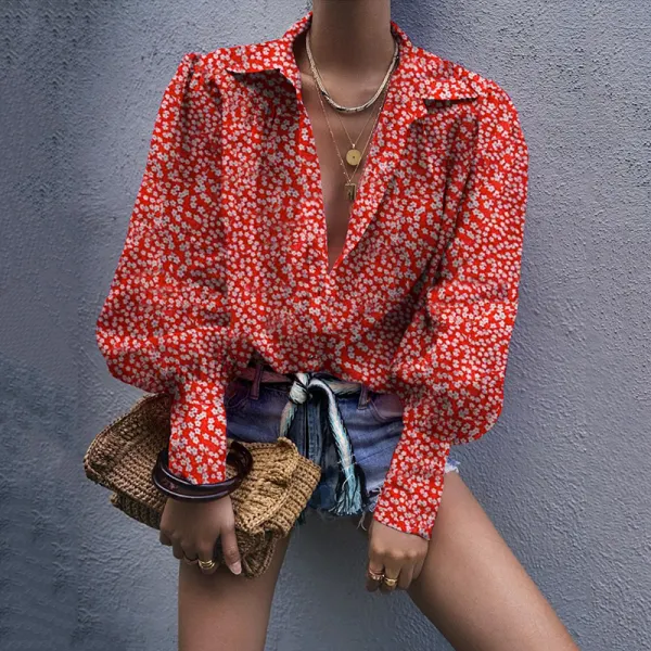 Women's Fashion Printed Color Long Sleeve Turndown Collar Blouse - Leanarea.chimpone.com 