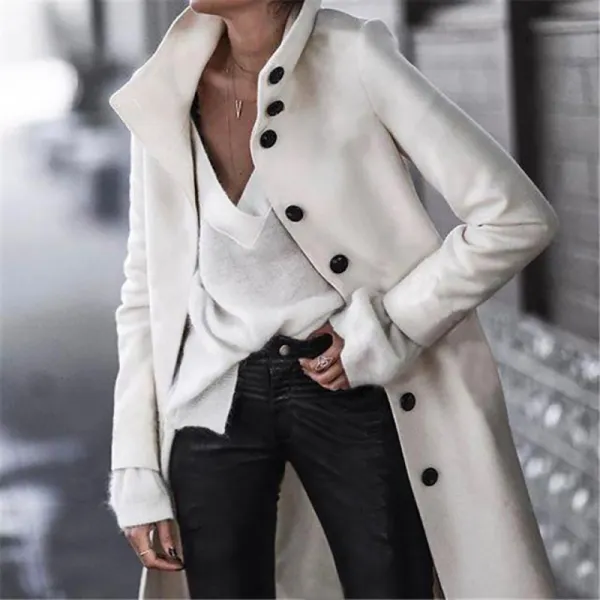 Women Brief Button Solid Color Long Overcoat - Leanarea.chimpone.com 