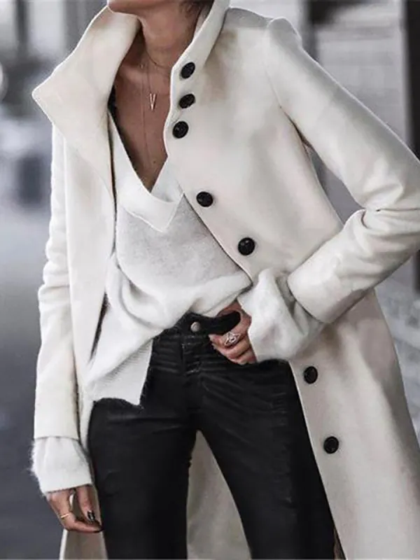 Women Brief Button Solid Color Long Overcoat - Inkshe.com 