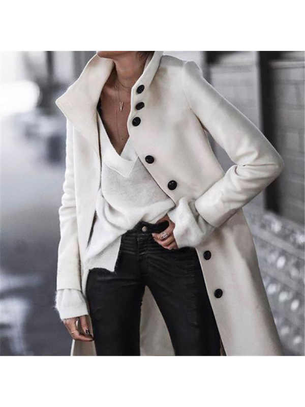 Women Brief Button Solid Color Long Overcoat - Inkshe.com 