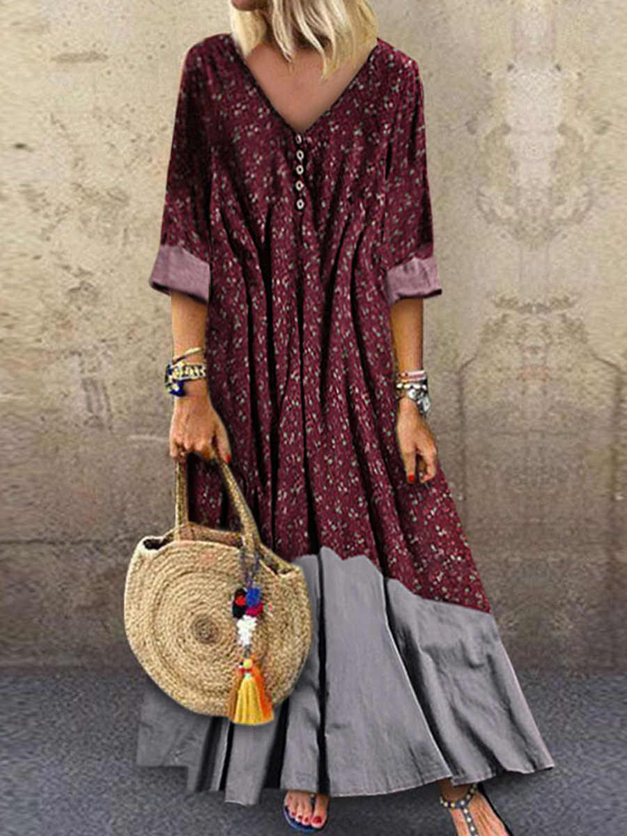 Broken Flower V Collar   Long Sleeve Casual Dress