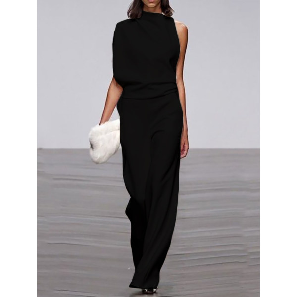 fashion pure colour sleeveless belted jumpsuits