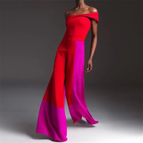 Off Shoulder Color Block Wide Leg Jumpsuit - Leanarea.chimpone.com 