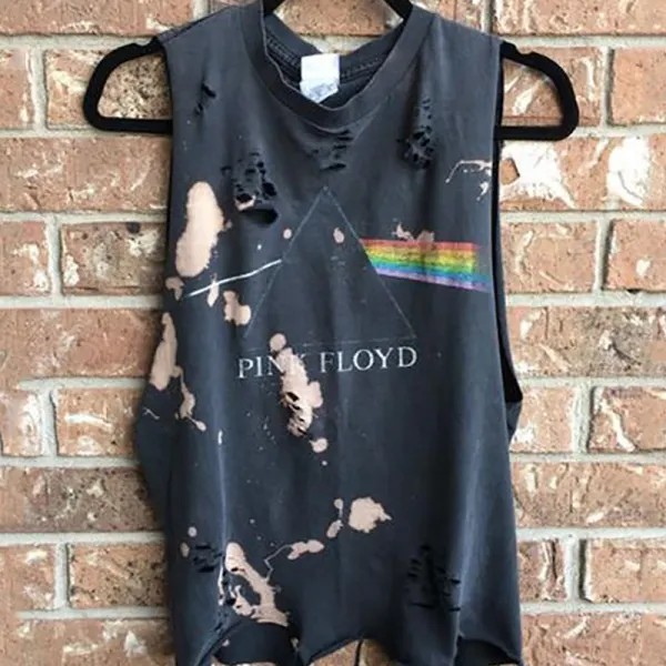 Casual Sleeveless Broken Holes Printed Colour T-Shirt - Leanarea.chimpone.com 