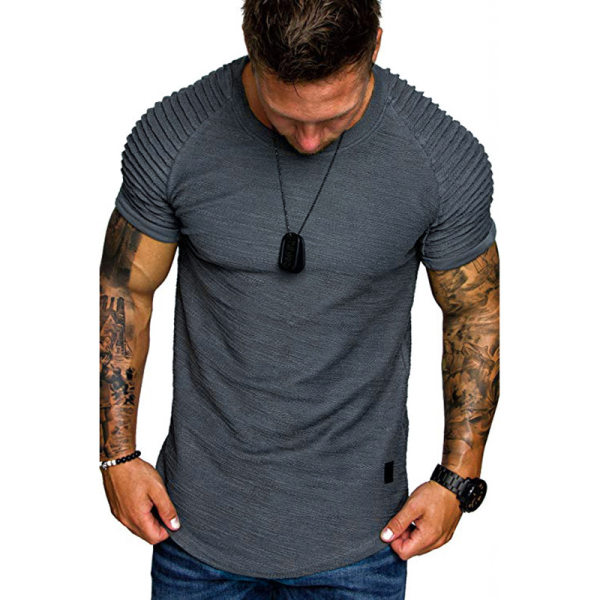 Shoulder Pleated Design Round Neck Short-Sleeved T-Shirt - Menilyshop.com