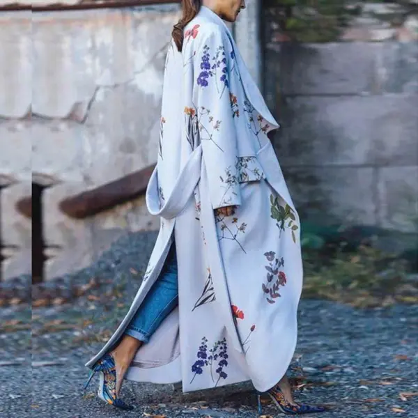 Floral Printed Coat Loose Belted Outwear - Leanarea.chimpone.com 