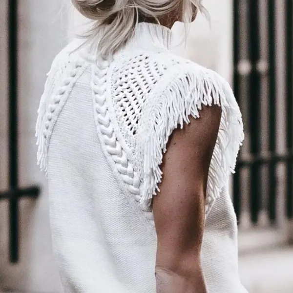 Sweet Pure Color Hollow Out Splicing Tassel Knit Sweater - Leanarea.chimpone.com 