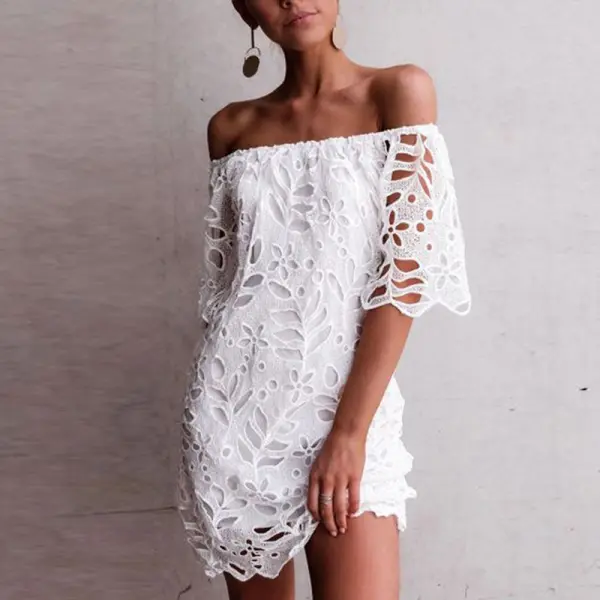 Sexy One-Shoulder Lace Short-Sleeved Dress - Leanarea.chimpone.com 