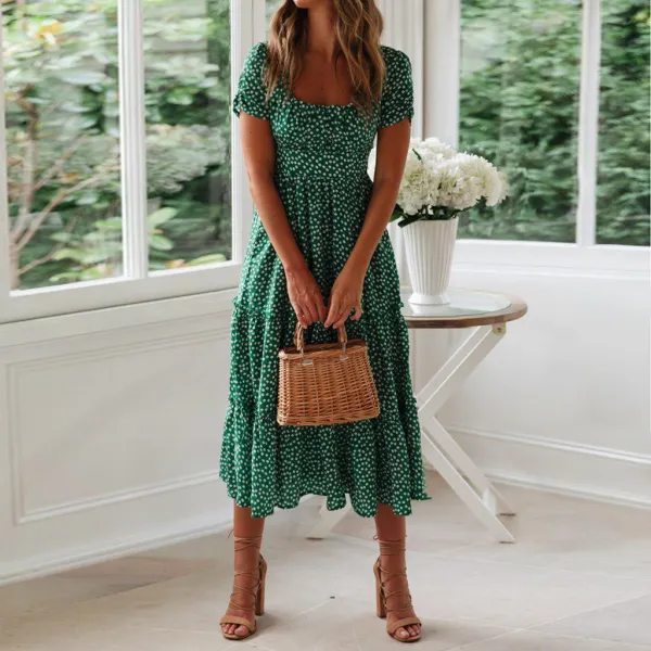Fashion Square Neck Puff Sleeve Floral Slim Mini Dress - Leanarea.chimpone.com 