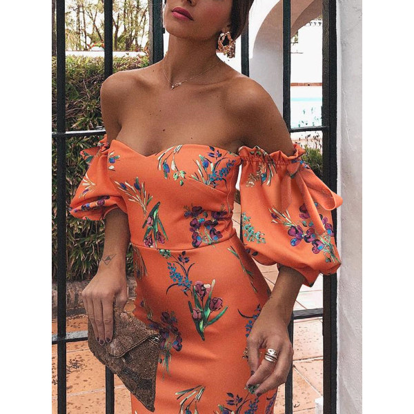sexy orange red off shoulder floral print bodycon dress
