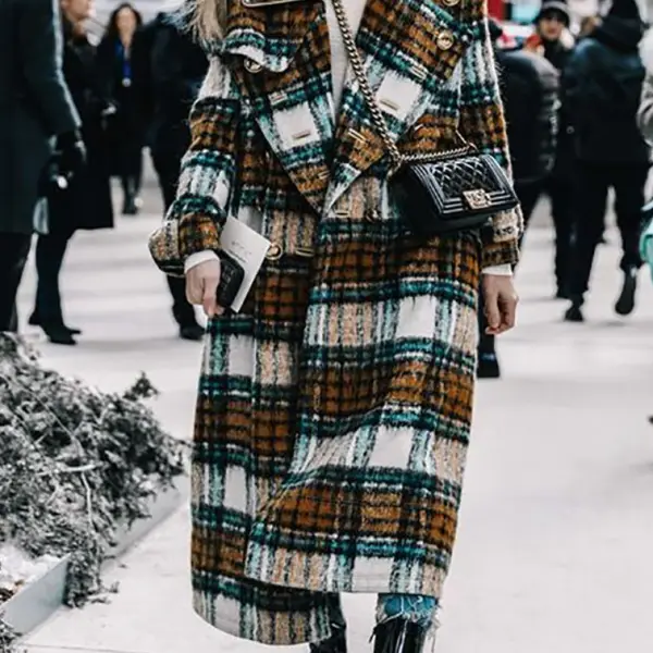 Chic Lapel Collar Check Woolen Long Coat - Leanarea.chimpone.com 