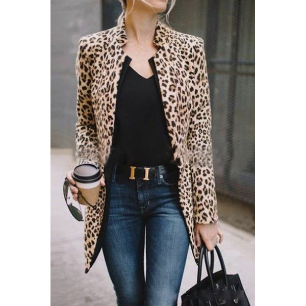 Elegant Individual Fashion Slim Leopard Print V Collar Longs Sleeve Suit Cardigan - Anystylish.com 