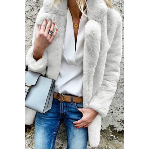 Lapel Long Sleeve Plain Fur Coat