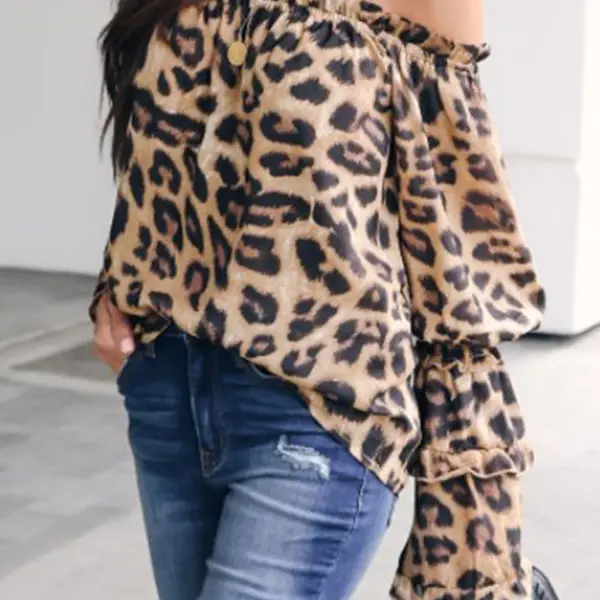 Leopard Printed Off Shoulder Flare Long Sleeve Sexy Blouses - Leanarea.chimpone.com 