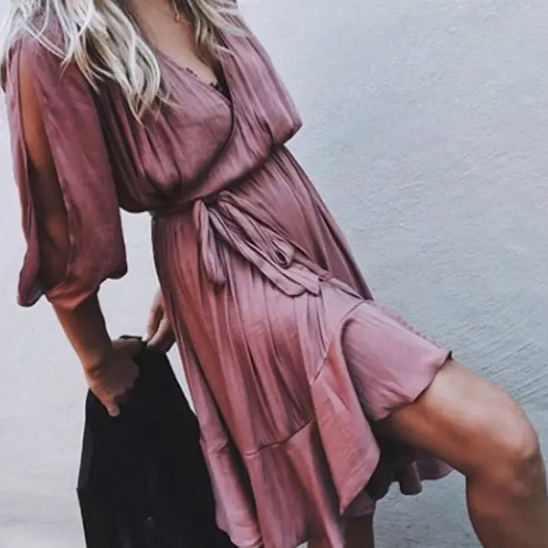 Surplice  Slit  Belt  Plain  Half Sleeve Casual Dresses - Leanarea.chimpone.com 