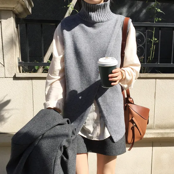 Casual High Collar Slit Pure Colour Vest Sweater - Leanarea.chimpone.com 