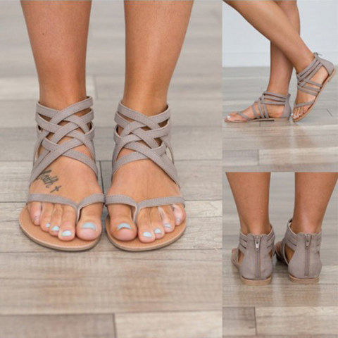 Womens plain Flat Ankle Strap Peep Toe Casual Gladiator Sandals