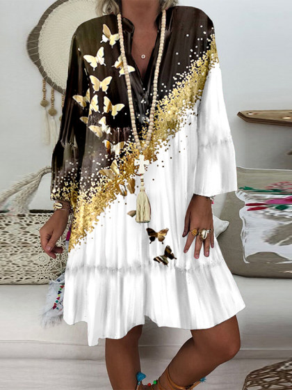 Fashion Long-sleeved Butterfly Print Dress