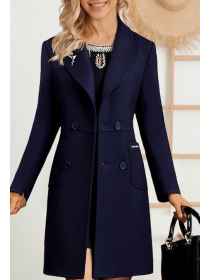 Fold-Over Collar  Plain Pure Color Double-breasted Coat