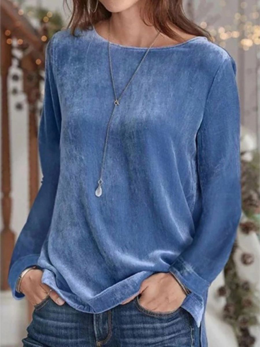 Solid Color Casual Round Neck Long Sleeve Blouse