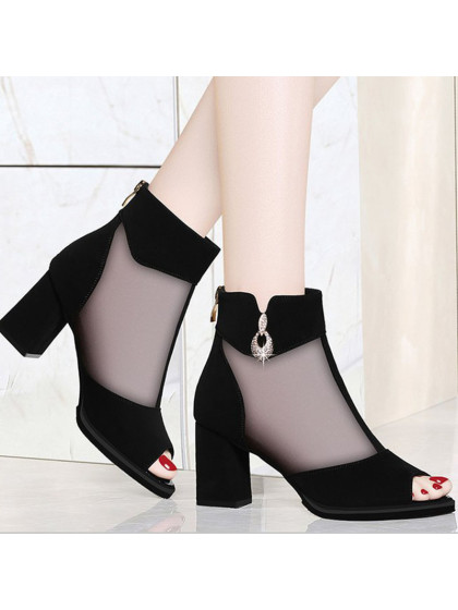 Sexy ladies peep-toe mesh stitching mid-heel single shoes
