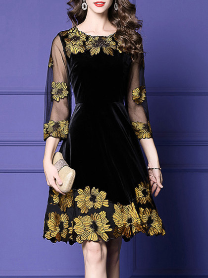 Round Neck Patchwork Floral Printed Skater Dress