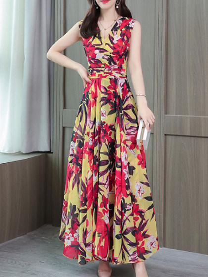 V Neck Sleeveless Chiffon Print Maxi Dress