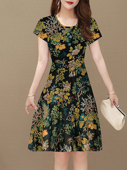Round Neck Floral Short Sleeve Skater Dress