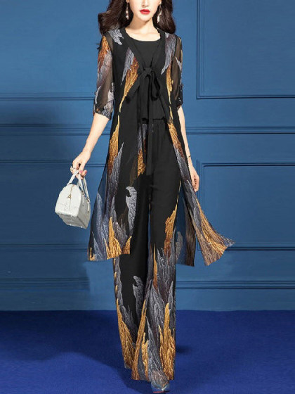 Spring Summer Slim Three-piece Wide-leg Casual Pants