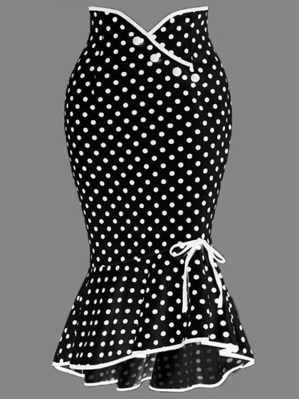 Button lace polka dot skirt slim fishtail skirt