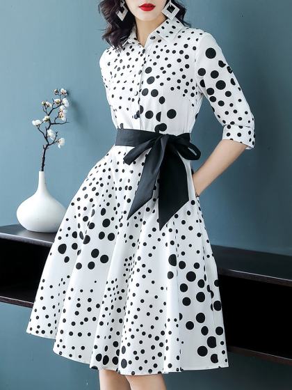 Temperament Lace Dot Print Shirt Skater Dress