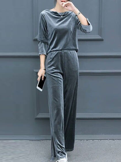 Round Neck Long Sleeve Solid Color Casual Suit
