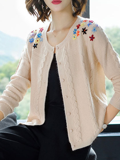 Round Neck Knitted Flower Embroidery Long-Sleeved Cardigan