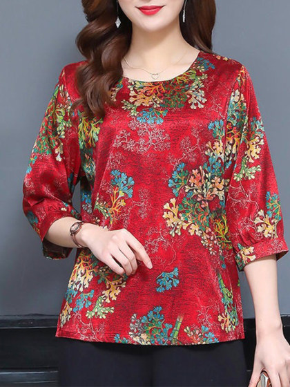 Crew Neck Ice Silk Print Long-Sleeved T-shirt