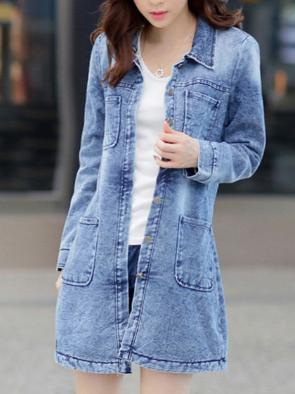 Square Neck Long Sleeve Solid Denim Trench Coat
