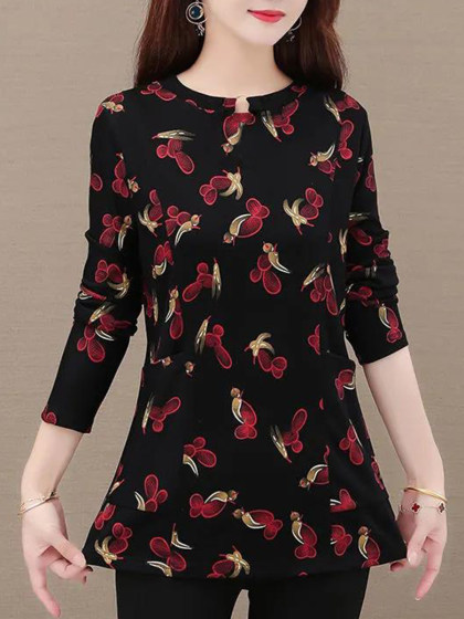 Round Neck Mid-length Printed Long-Sleeved T-shirt