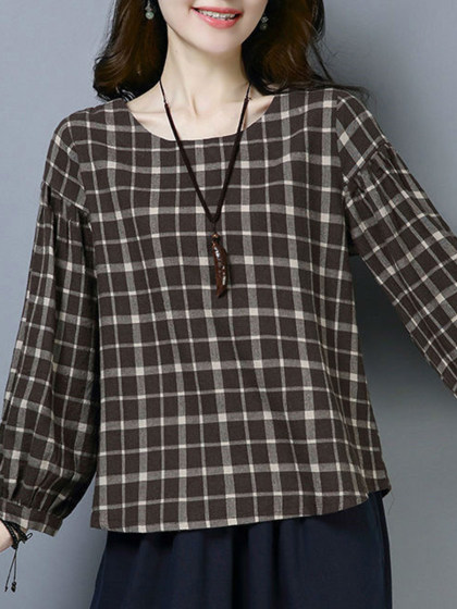 Round Neck Plaid Puff Sleeve Long Sleeve Blouse