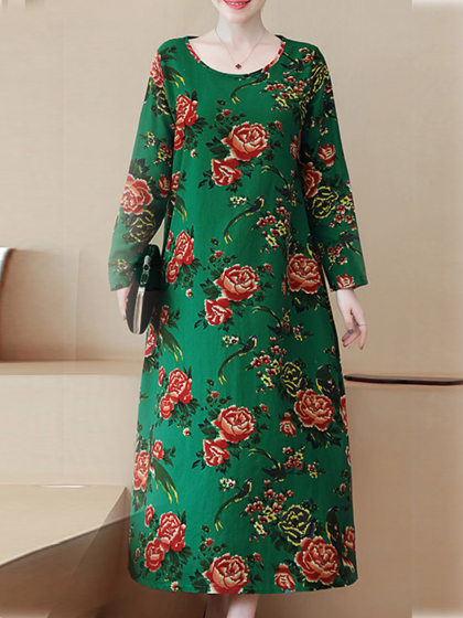 Cotton And Linen Vintage Print Maxi Dress