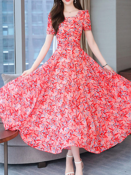 Imitation Ice Silk Print Short Sleeve Maxi Dress