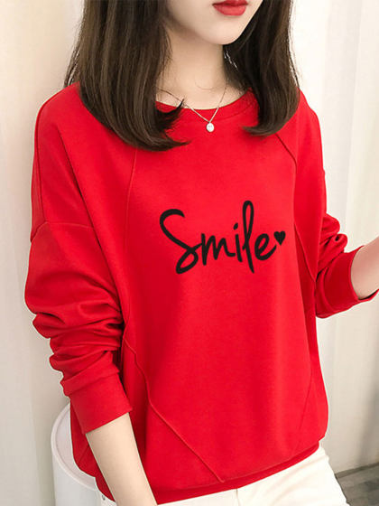 Round Neck Long Sleeve Solid Color Letter Printed Sweatshirt