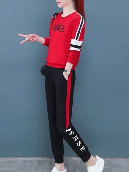 Round Neck Long Sleeve Color Matching Casual Suit