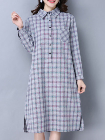 Check Cotton And Linen Lapel Shift Dress