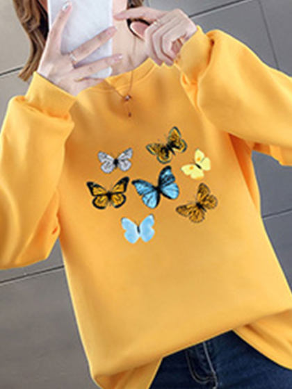 Round Neck Long Sleeve Solid Color Printed Sweatshirt