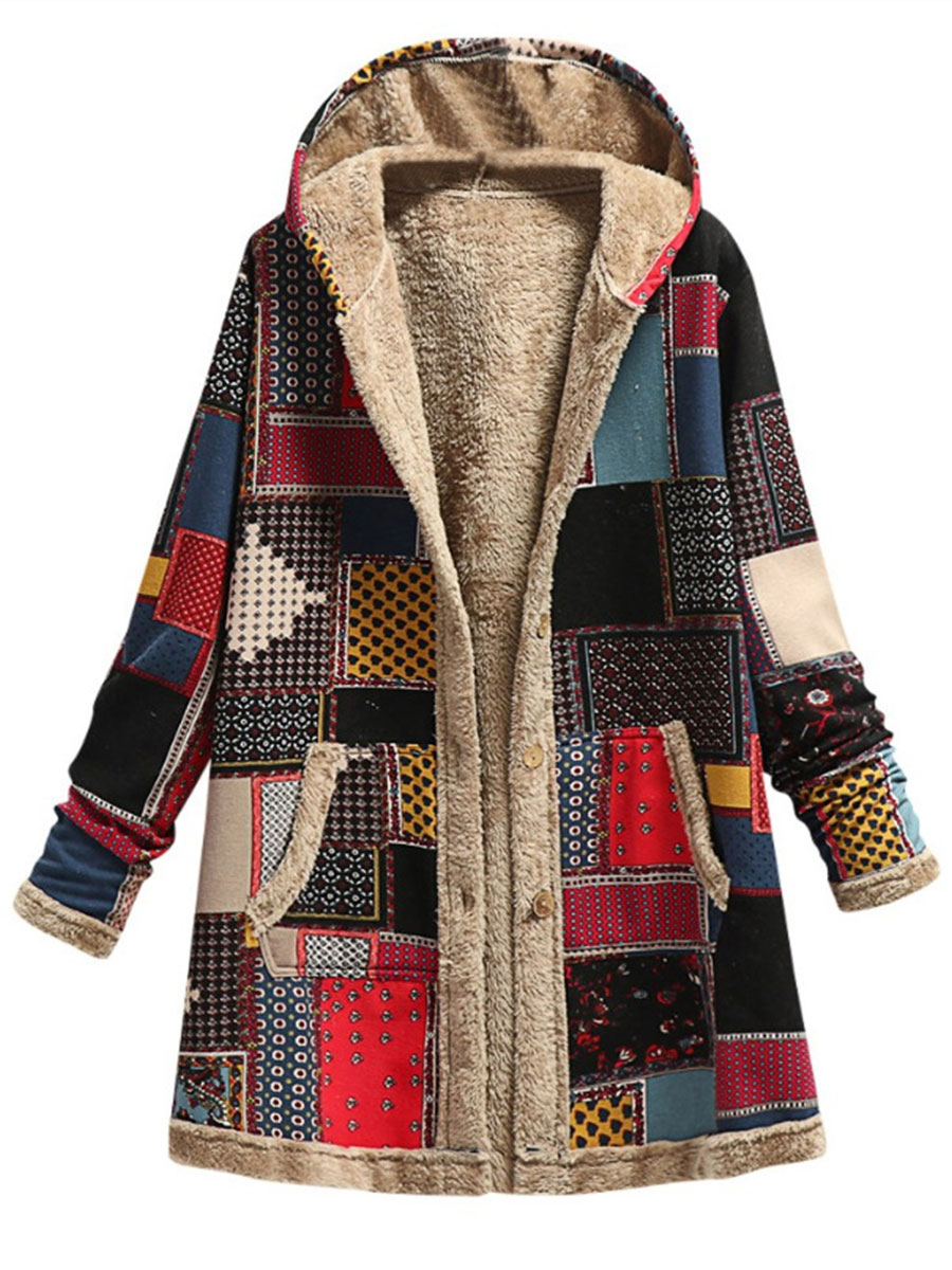 Hooded Long-sleeved Printed Plush Coat