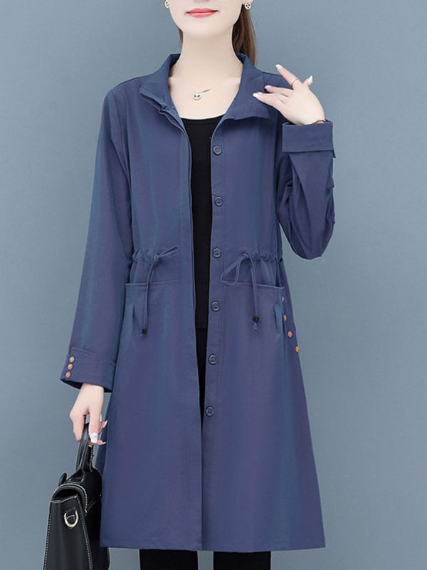 Solid Color Waist Tie Square Neck Trench Coat