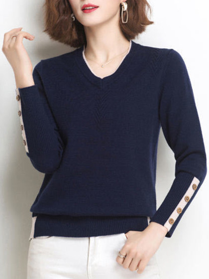 V-neck Color-blocking Button Long-sleeved Knitted Pullover