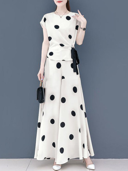 Round Neck Tie Polka Dot Chiffon Wide-leg Pants Suit