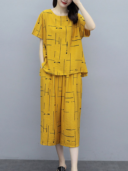 Round Neck Printed Wide-leg Pants Suit