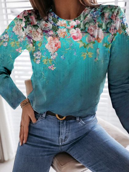 Female Casual Round Neck Long Sleeve Flower Print Top
