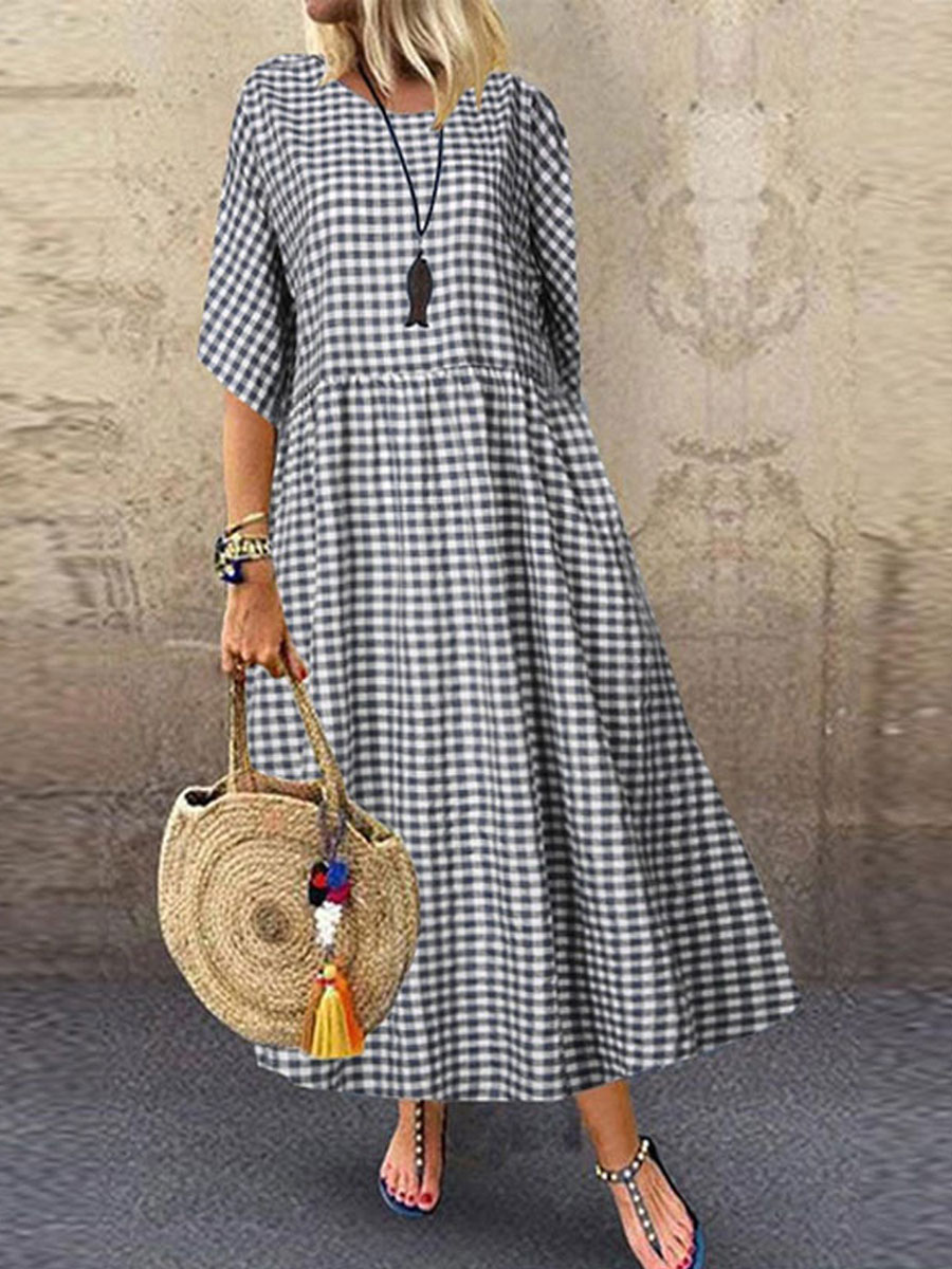 Plaid Casual Short sleeved Round Neck Maxi Dress